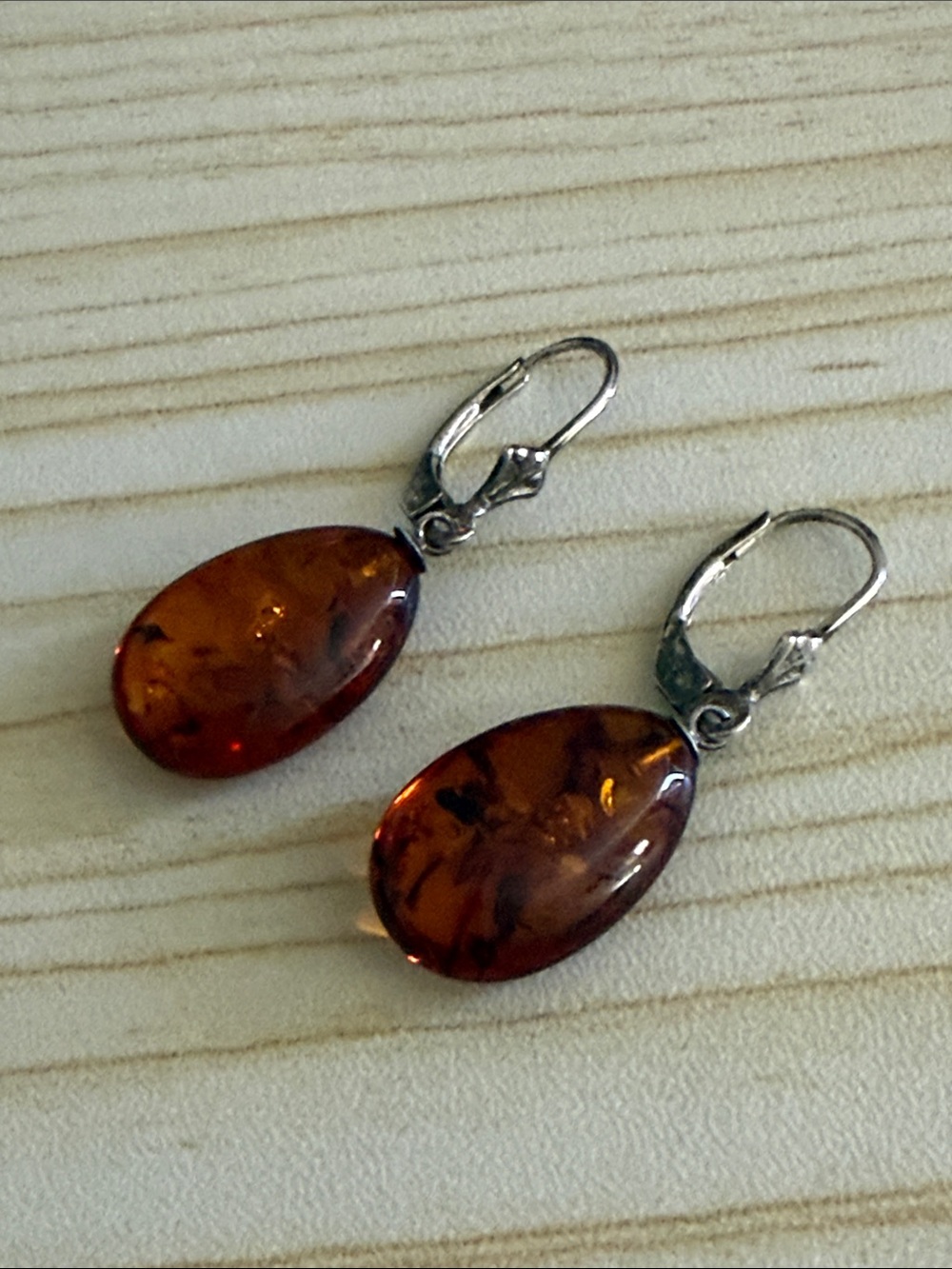 Amber Teardrop Dangle Earrings - Brown Amber on Silver Hooks sterling 925